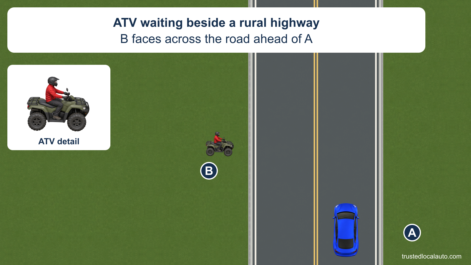 A travels north on a two-lane rural highway. An ATV rider, B, is stopped beside the left edge ahead and faces directly across the road, ready to cross; a separate enlarged detail shows the ATV.