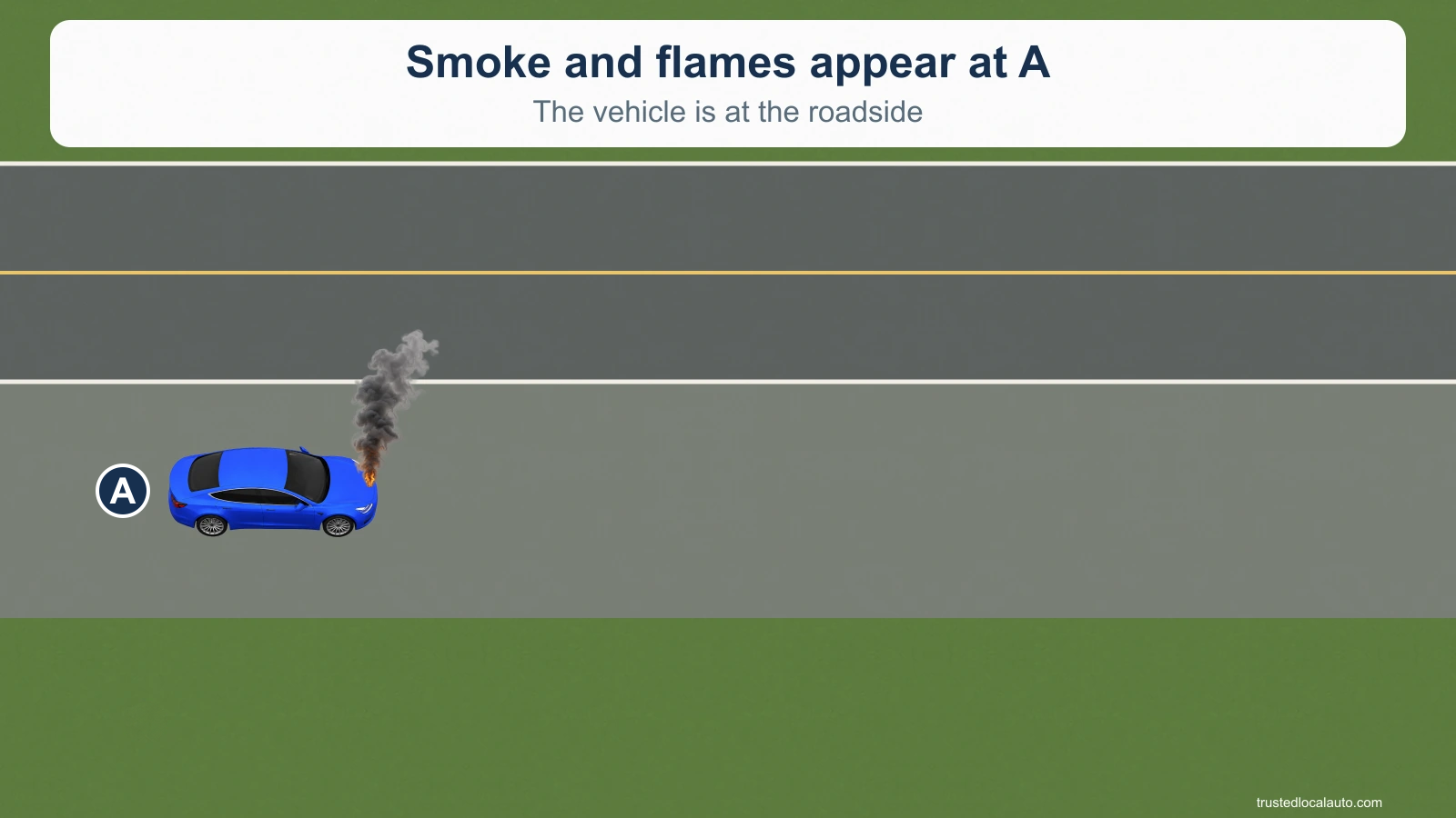 Smoke and flames appear at car A, which is beside the road with its hood closed.