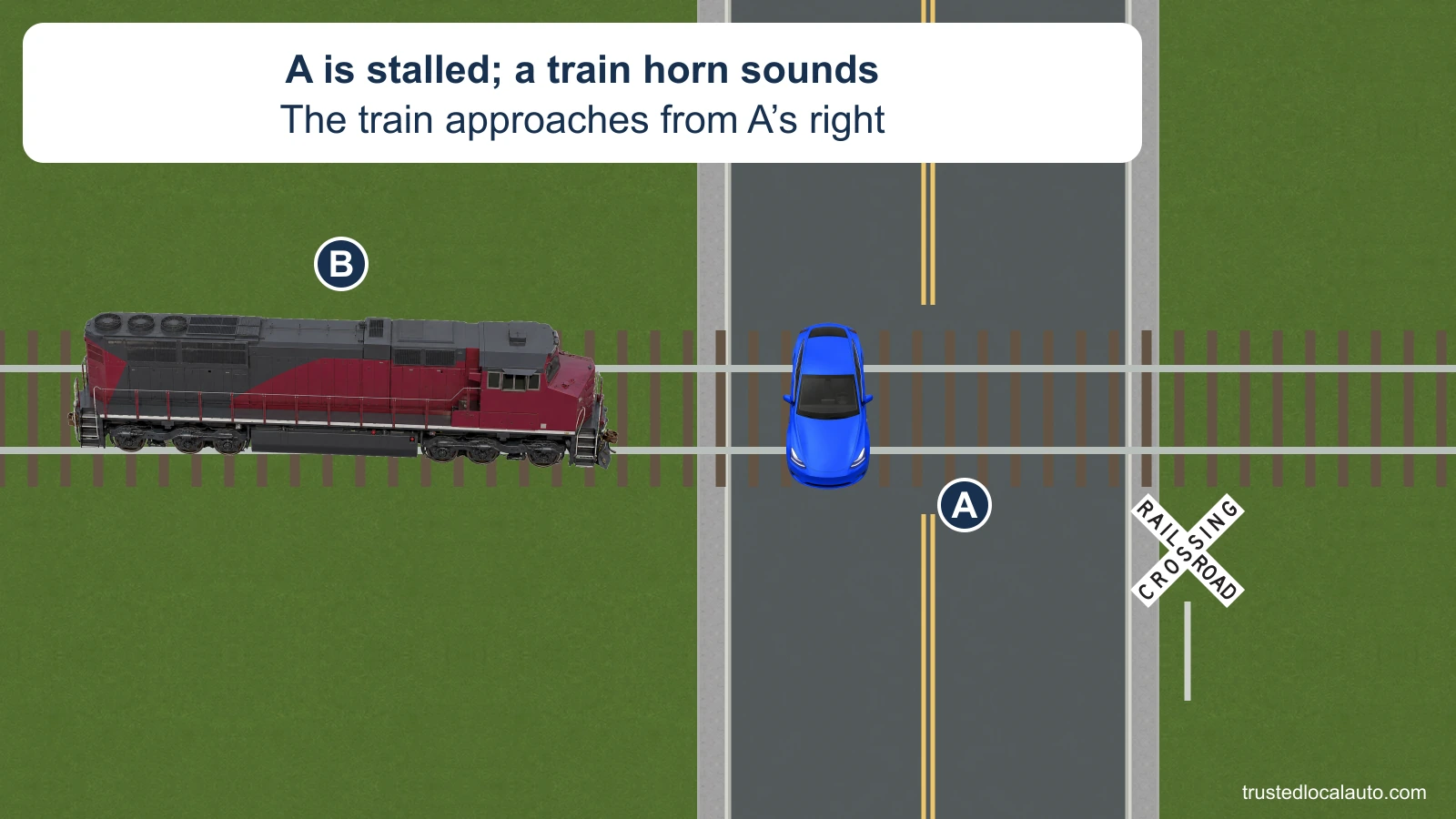 A faces south and is stalled across a railroad track. Locomotive B approaches from the west, which is to A’s right; the card states that a train horn sounds. A crossbuck identifies the crossing.