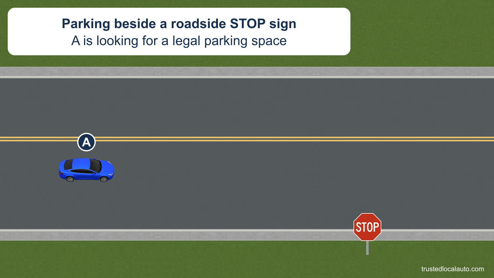 A drives beside open curb space before a STOP sign mounted beside the roadway.