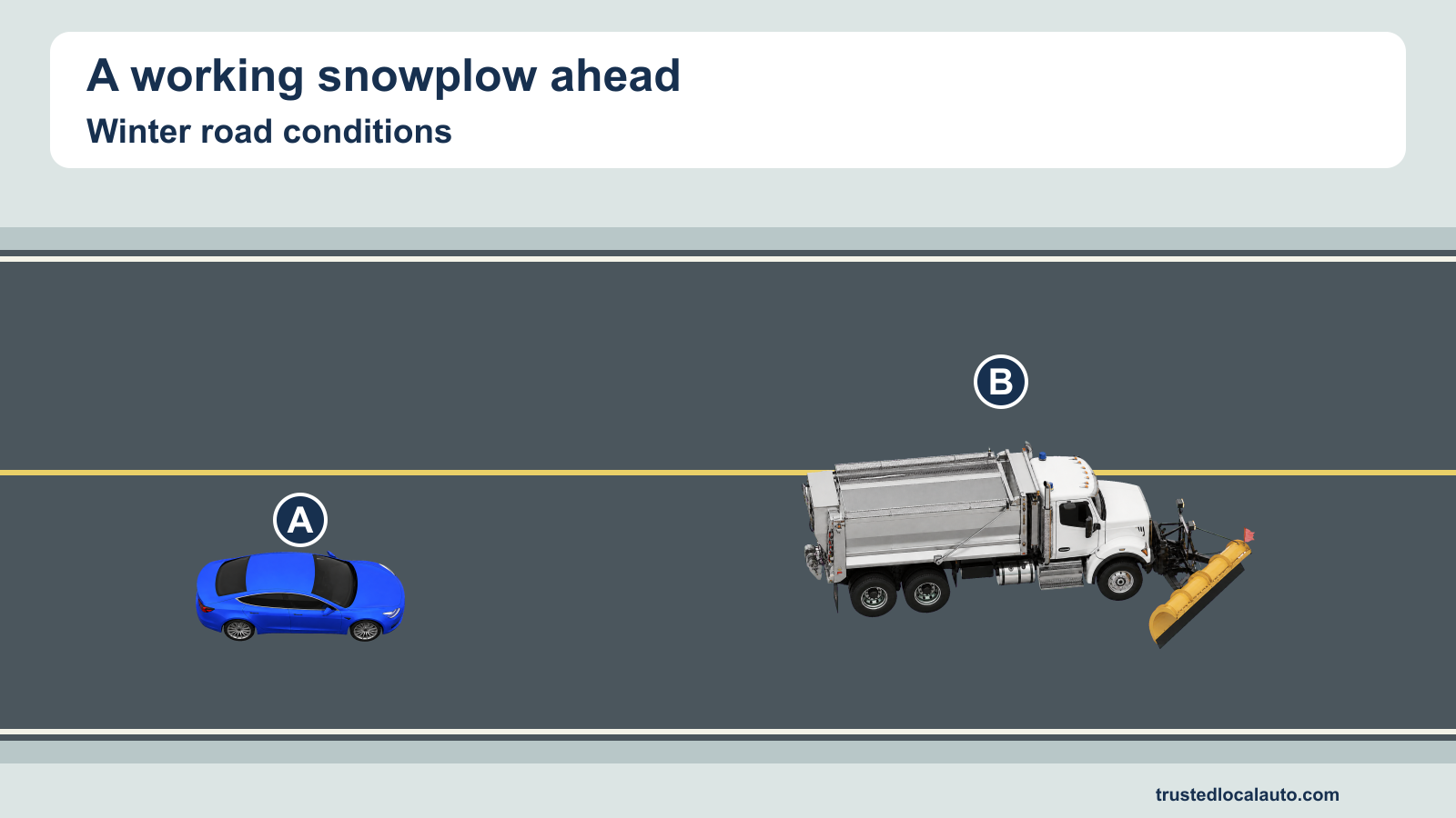 Blue car A is behind a silver snowplow B with a yellow blade on a winter road.