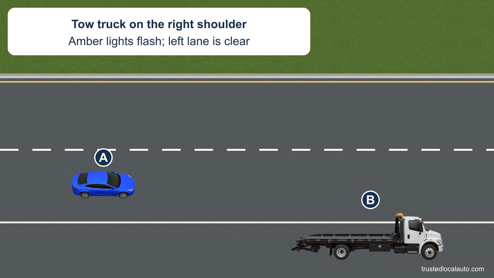 A travels in the right of two lanes beside a stopped tow truck on the right shoulder. The truck’s amber lights flash and the left lane is empty; no lane-change route is drawn.