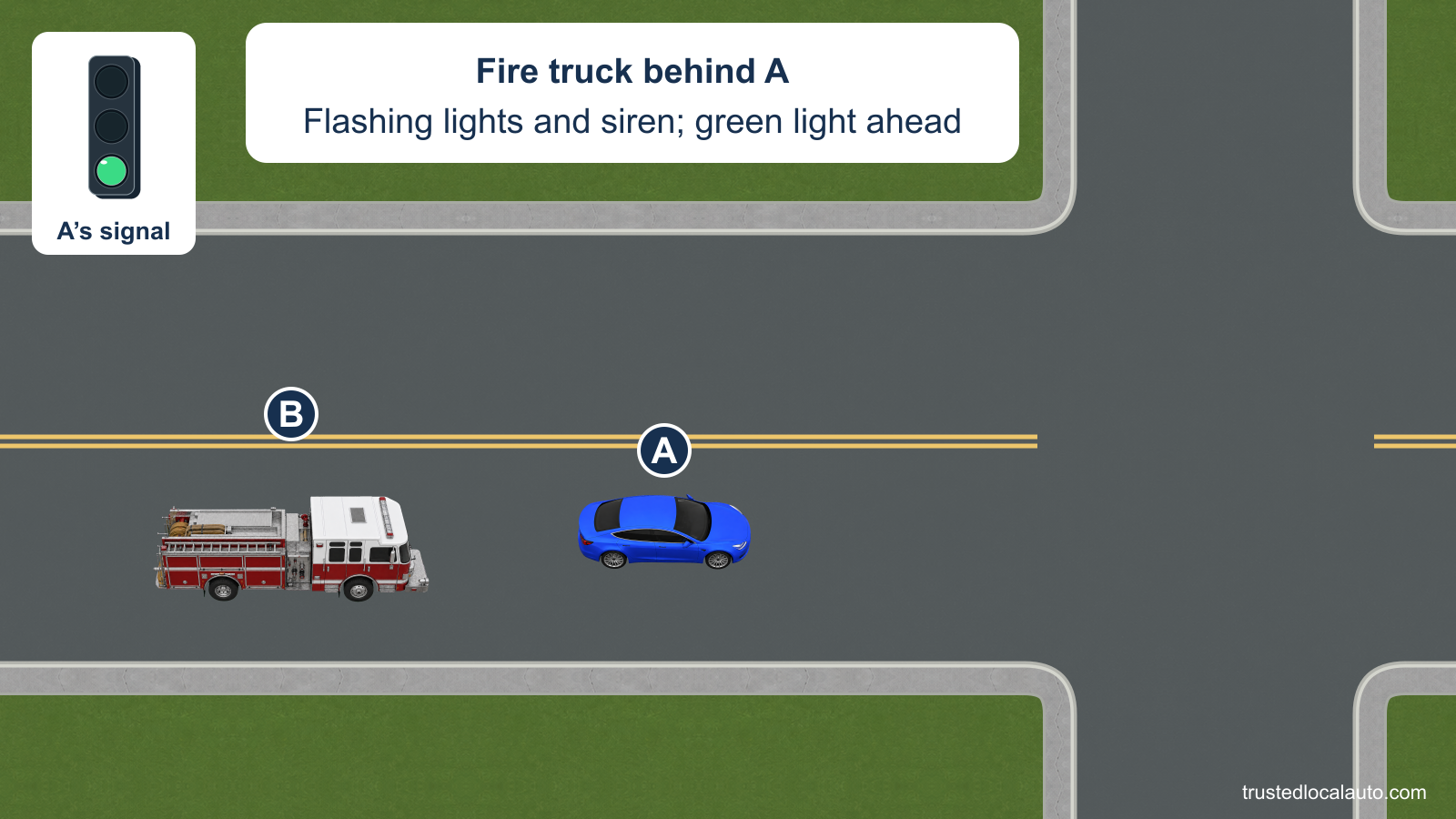 A approaches a green-light intersection while a fire truck with flashing lights and siren comes from behind on the two-way street.