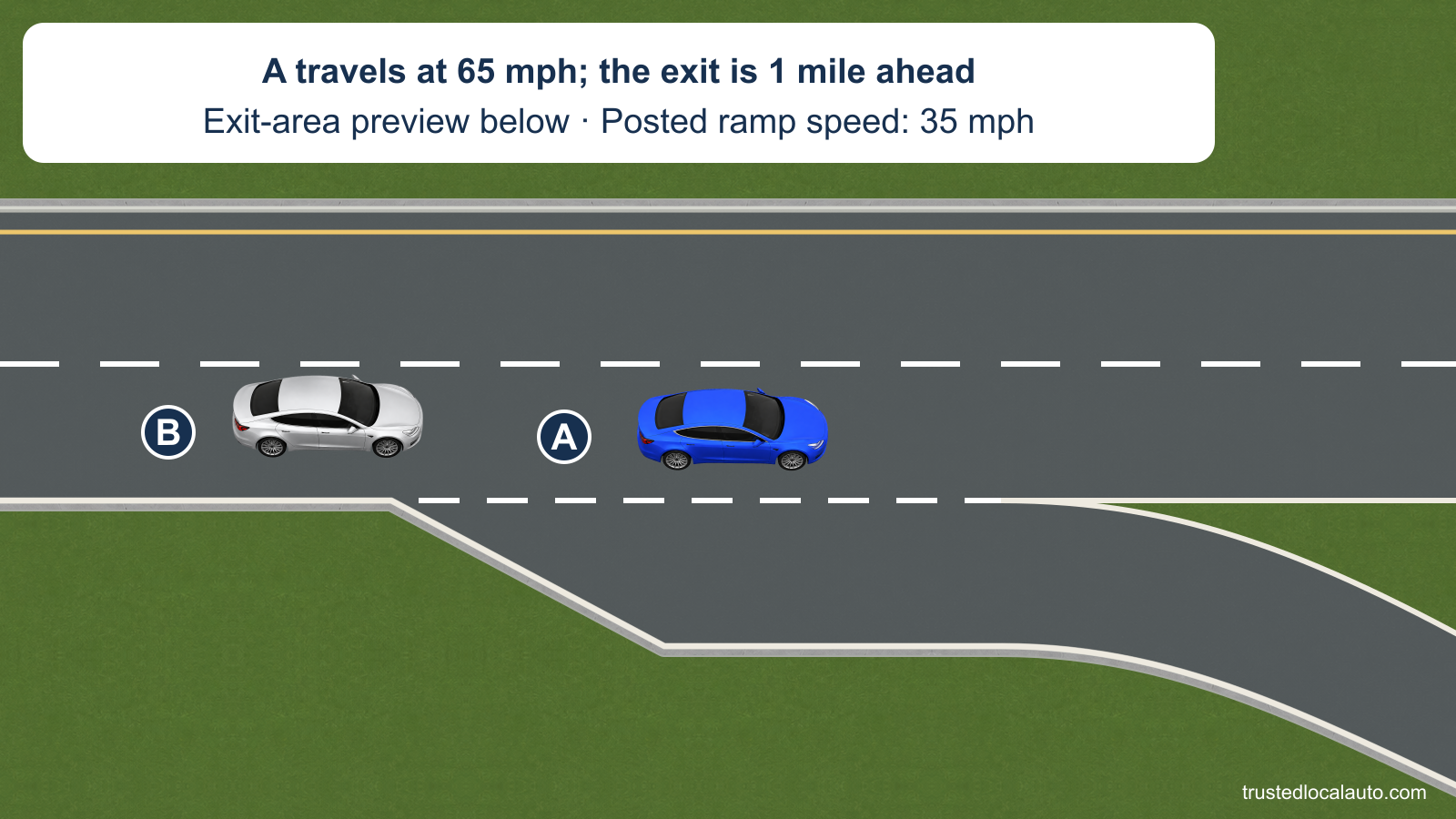 An exit-area preview shows A in the right through lane before a separate deceleration lane branches away; B follows in the through lane. The card states the trip facts: A is traveling at 65 mph, the exit is 1 mile ahead and the ramp speed is 35 mph.