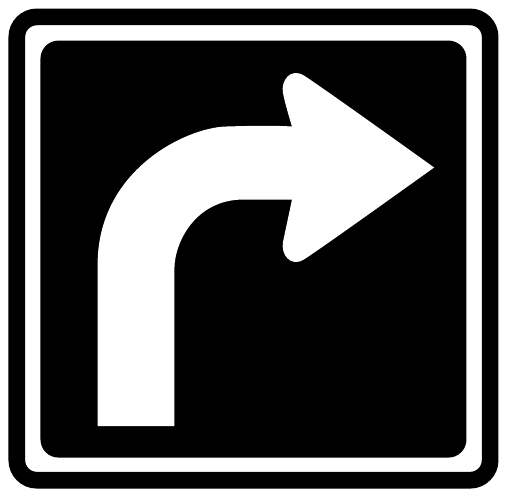 A white arrow curves upward and right on a black square sign with a white border.
