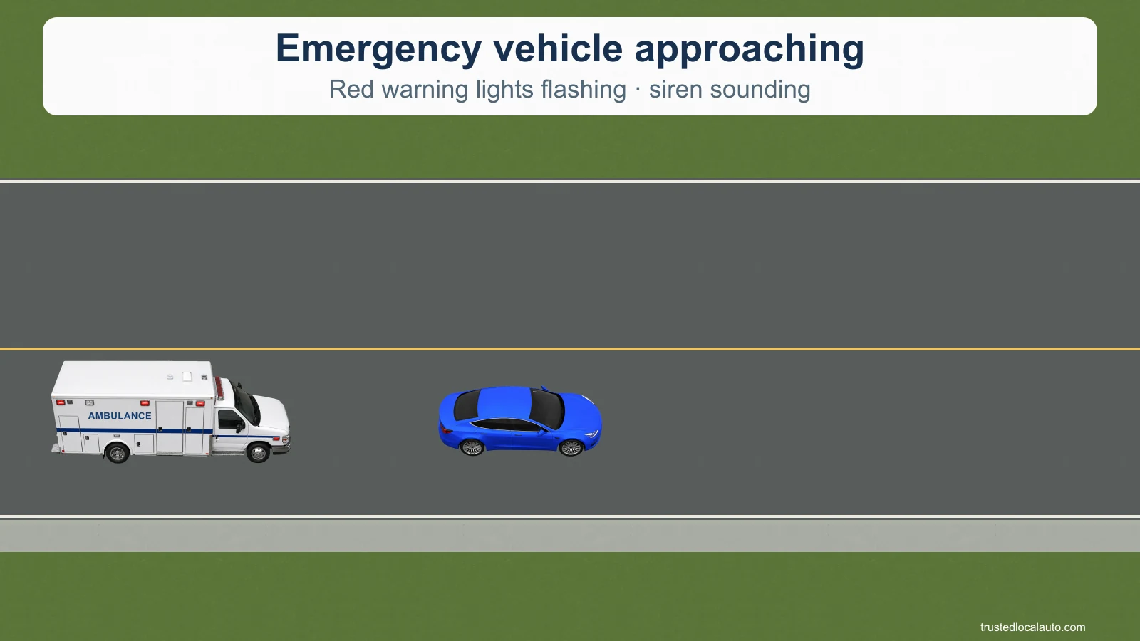 An ambulance approaches behind a car on a two-way road.