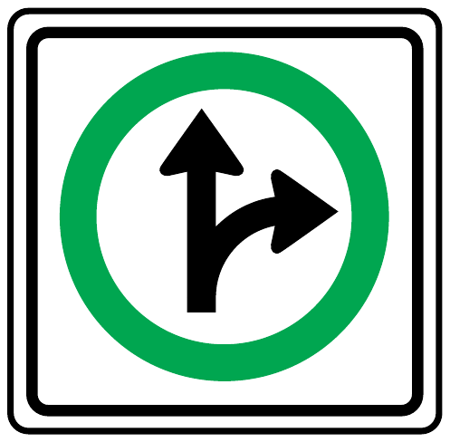 A black arrow branches upward and right inside a green circle on a white square sign.