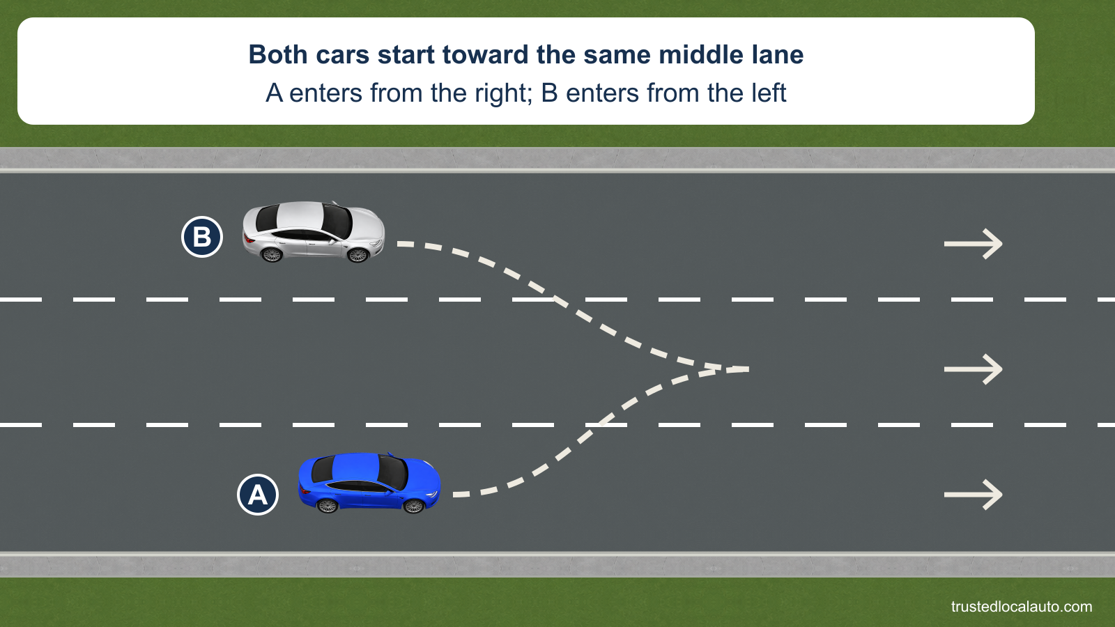 Three lanes carry traffic to the right. Blue A in the right lane and silver B in the left lane both begin moving toward the middle lane, shown by equal-style dashed intention lines. A is slightly farther ahead. No priority is assigned.