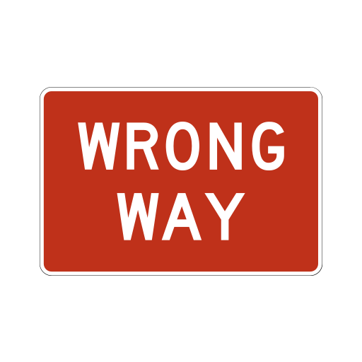 Red rectangular sign reading WRONG WAY in white letters.