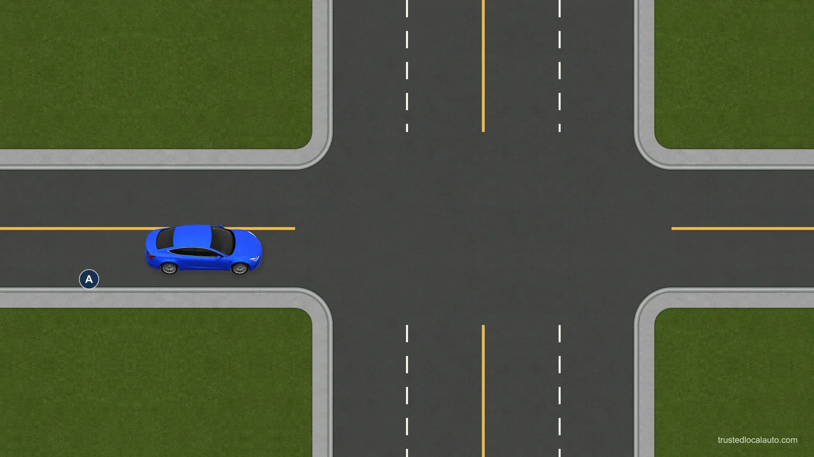 A blue car approaches an intersection on an ordinary two-way road with two receiving lanes in each direction.