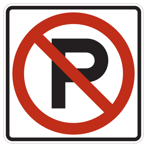 A white square sign has a black rectangular border and a black letter P under a red circle and diagonal slash.