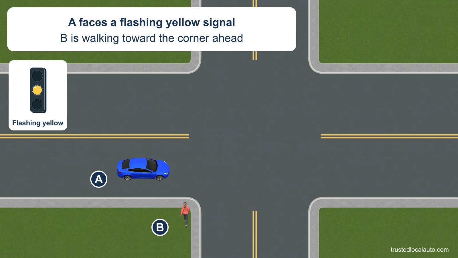 A approaches an intersection under flashing yellow. Pedestrian B walks north toward the corner on A’s right; no answer path is shown.