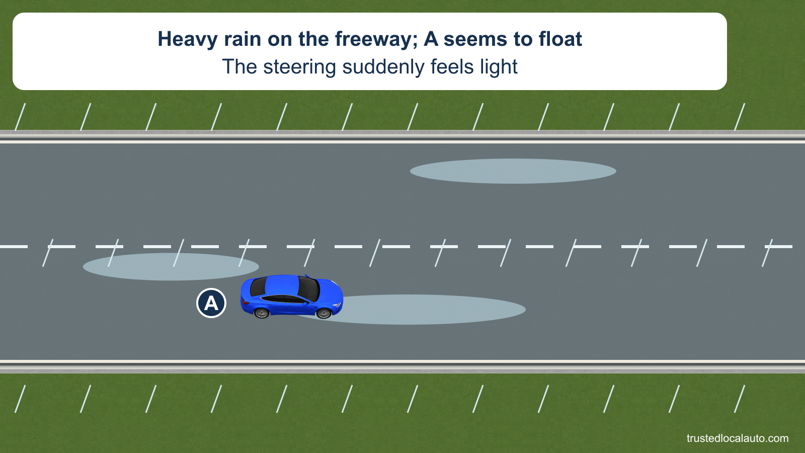 A travels through freeway surface water in heavy rain; steering feels light.