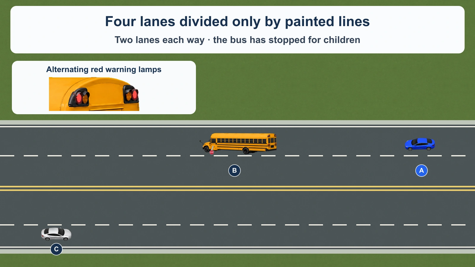 Bus B is stopped facing left in the outer lane of a four-lane road. A follows it, and C approaches from the opposite direction. Only double yellow painted lines divide the two directions; there is no physical barrier or unpaved median. Red warning lamps flash and the bus stop arm is extended.
