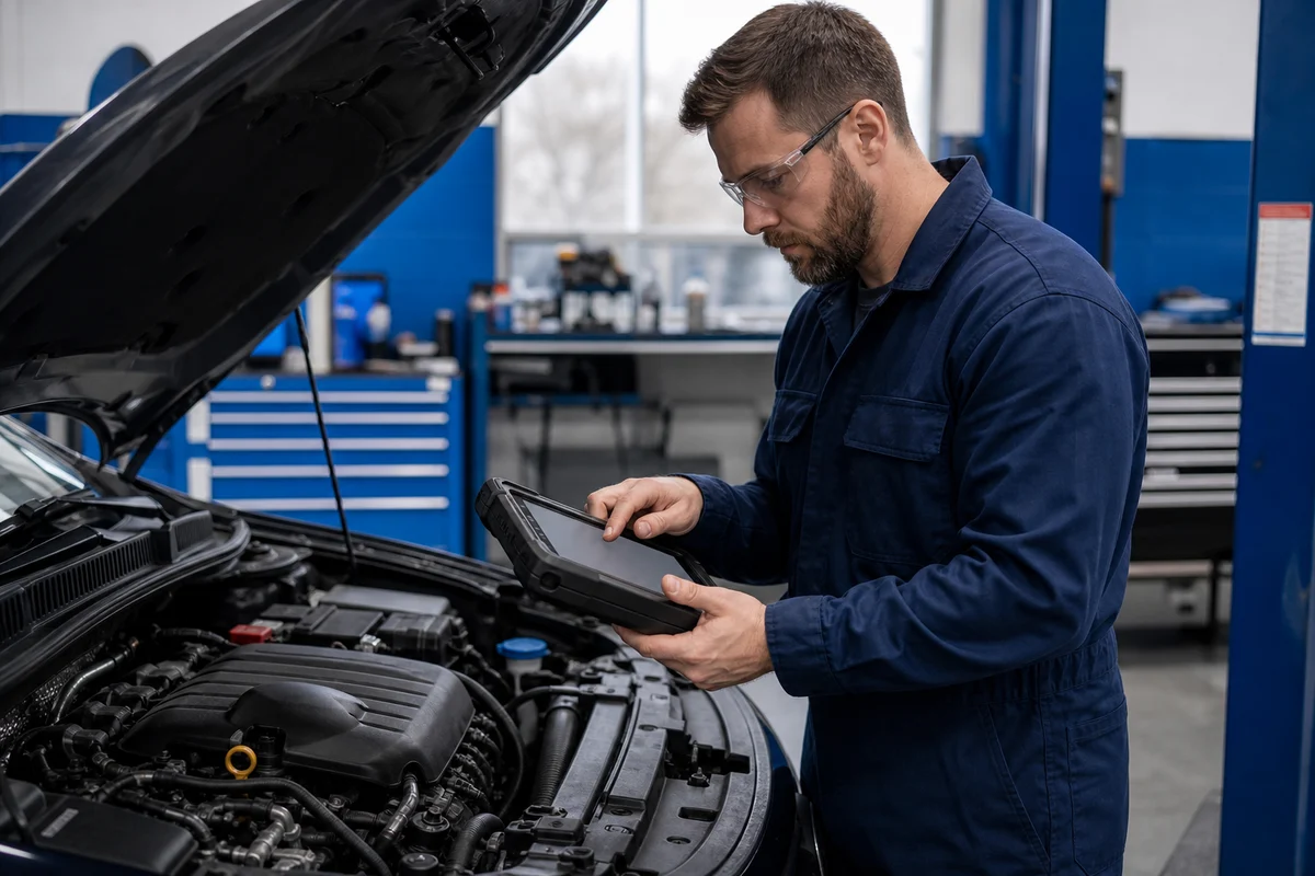 Technician performing computerized engine diagnostics