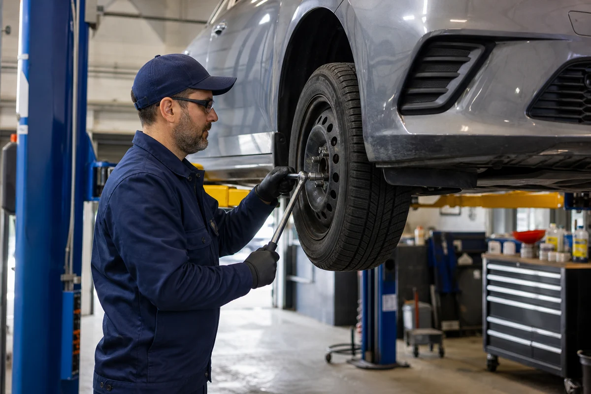 Technician servicing a wheel with a torque wrench