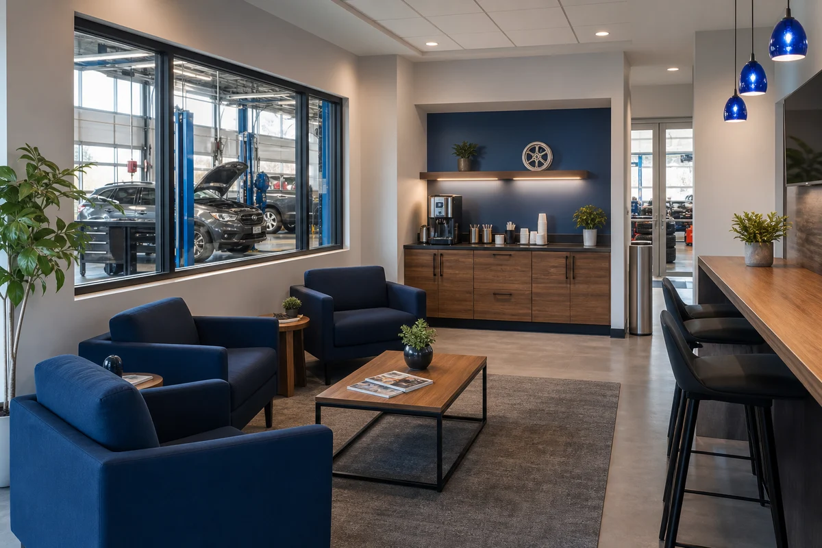 Customer waiting area with coffee and Wi-Fi